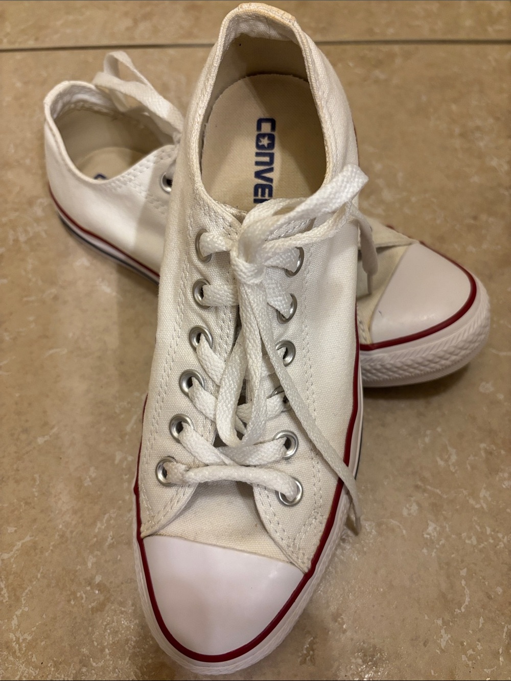 Converse Womens White Canvas Low Top Sneakers with Red Stripe